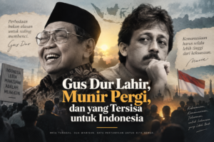 Ilustrasi Tokoh Gus Dur dan Munir, dibuat menggunakan kecerdasan buatan (AI).